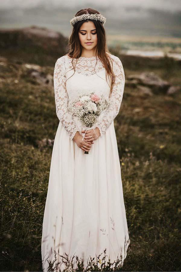 Elegantes vestidos de novia de gasa con encaje y mangas largas hasta el suelo con apliques